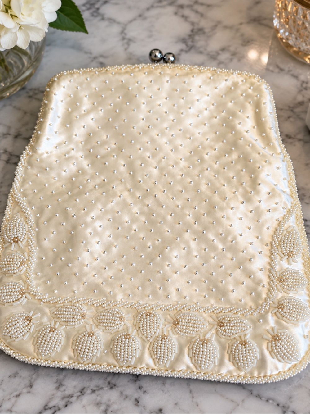 Vintage White Beaded Evening Clutch Pearl Embellished Bag 1950’s Satin Lining - Picture 2 of 8